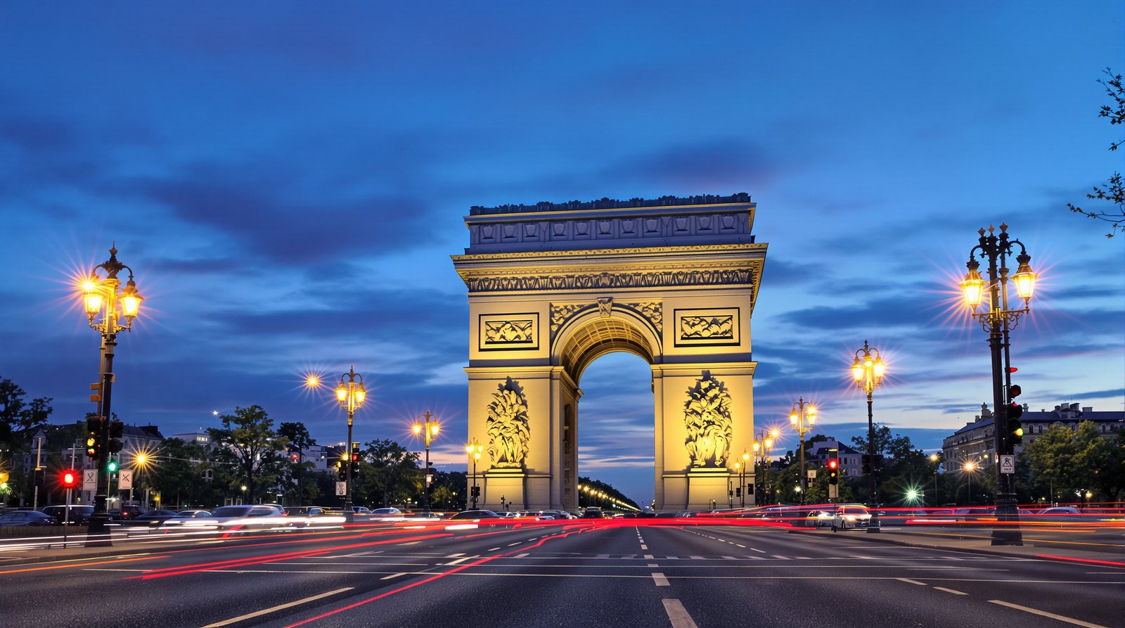 Ultra-realistic photo of the Arc de Triomphe at dusk, with traffic light trails on the Champs-Élysées and the arch beautifully illuminated