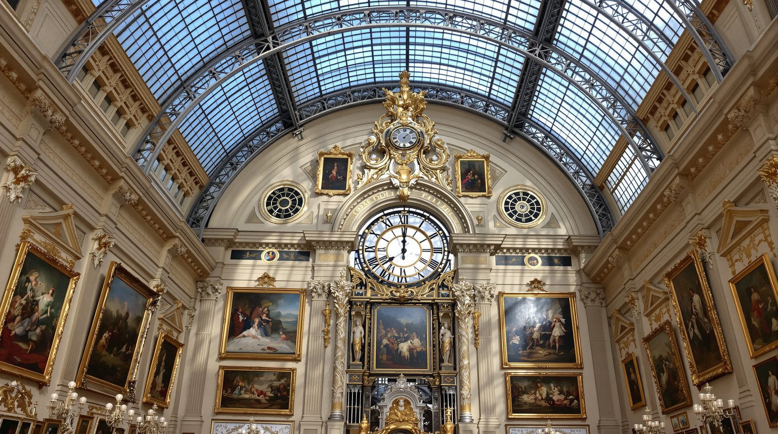 Interior shot of the Musée d’Orsay, showing the grand clock and art-filled main hall under natural light from the arched glass ceiling