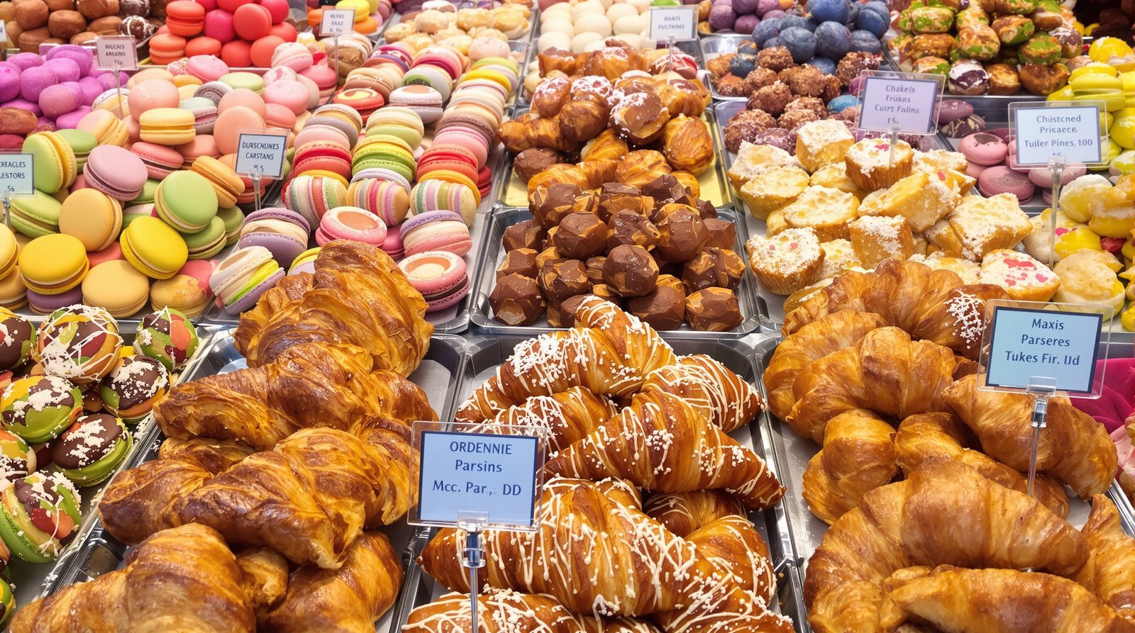 Vibrant, high-detail photo of a Parisian bakery display, featuring an assortment of colorful macarons, flaky croissants, and intricate pastries