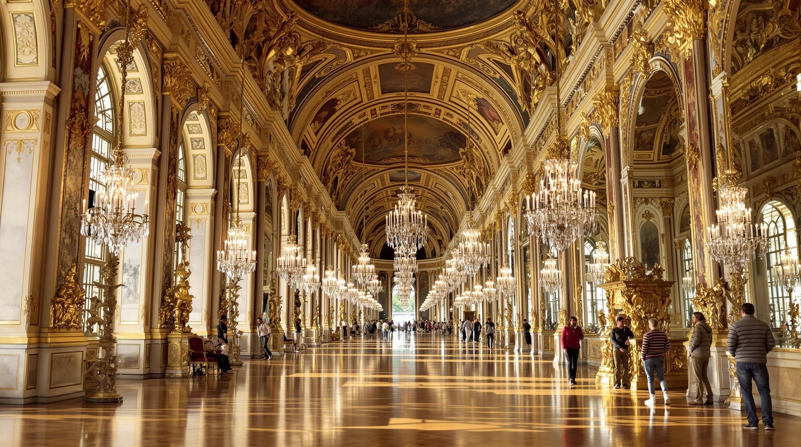 Ultra-realistic, cinematic shot of the Palace of Versailles' Hall of Mirrors, with sunlight streaming through the windows and reflecting off the ornate chandeliers and mirrors