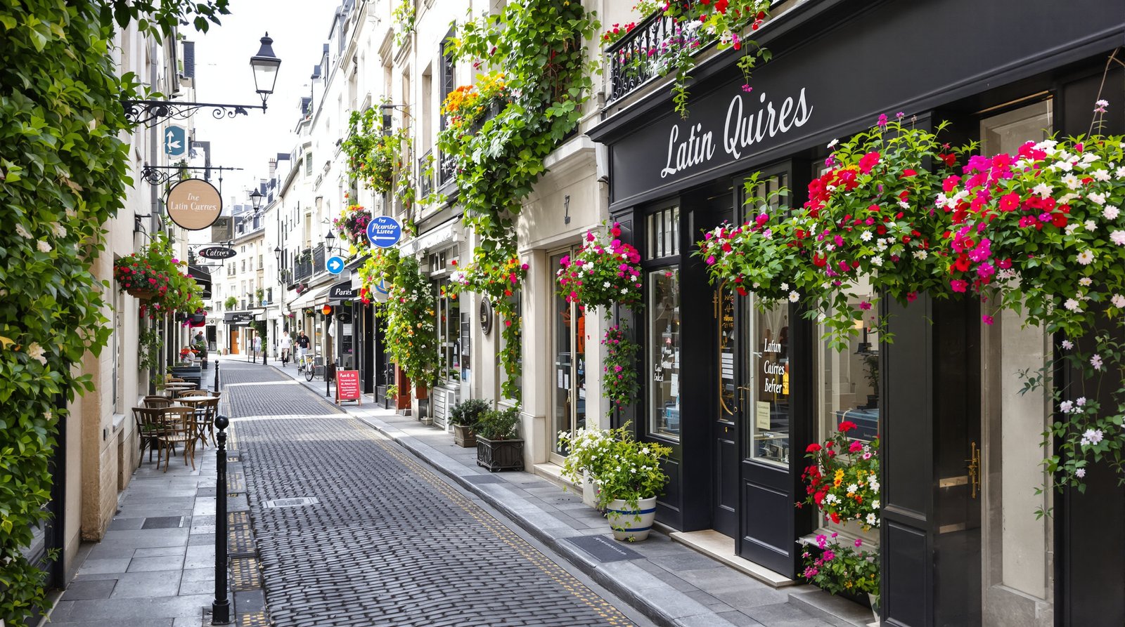 Ultra-realistic shot of a charming, narrow cobblestone street in the Latin Quarter, with a classic Parisian café and vibrant flowers in window boxes