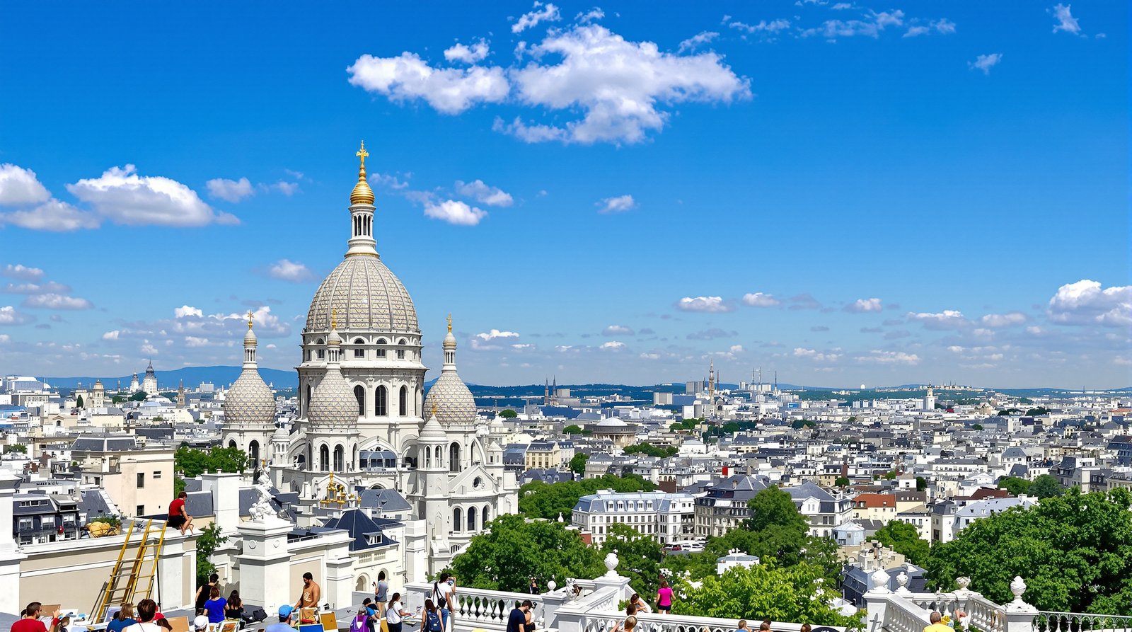 Vivid, high-detail photo of the view over Paris from the steps of the Sacré-Cœur Basilica in Montmartre, with artists painting in the foreground