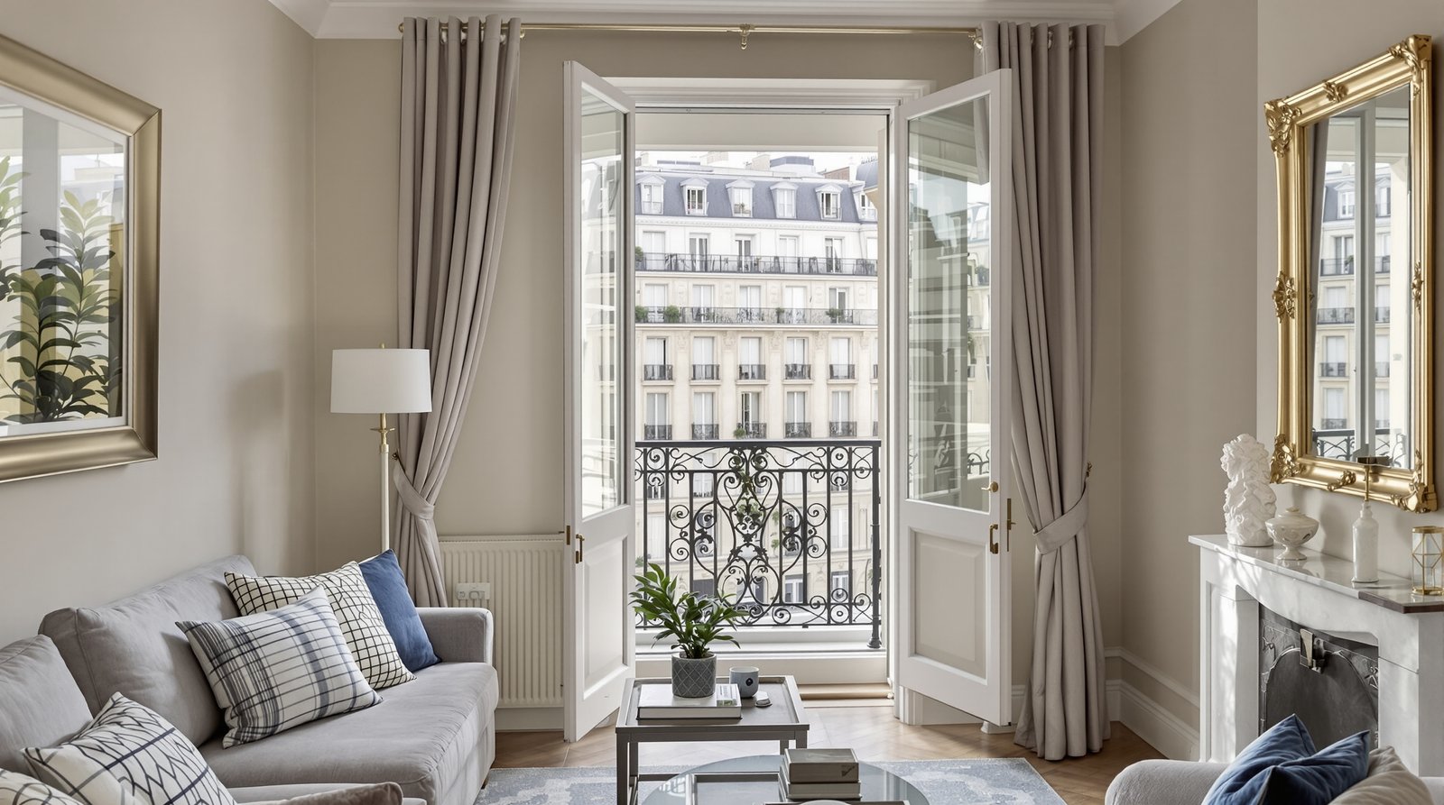 Natural light flooding a stylish Parisian apartment living room with a small balcony overlooking classic Haussmann-style buildings