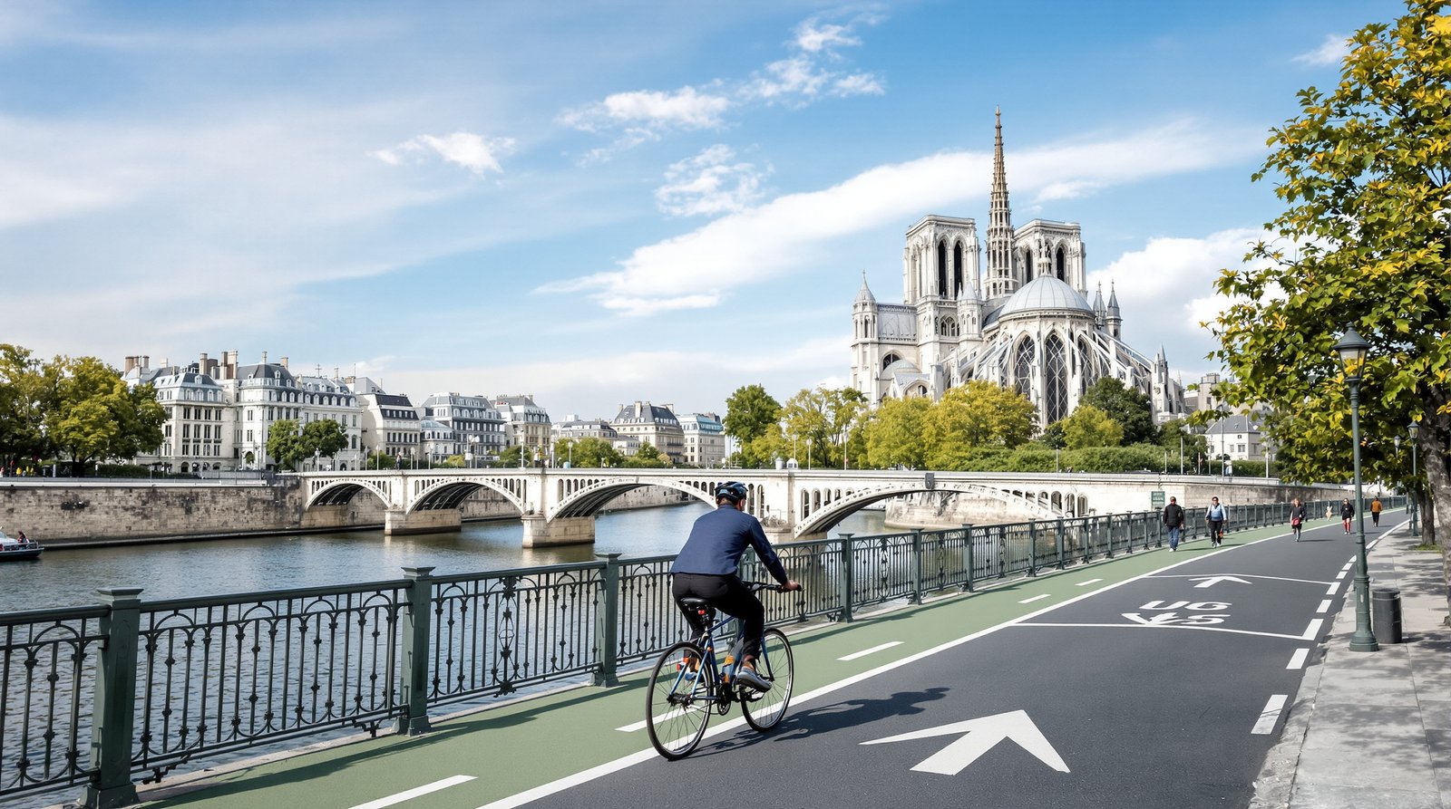 Professional travel photo of a person cycling on a dedicated bike lane along the Seine River, with Notre Dame Cathedral in the background