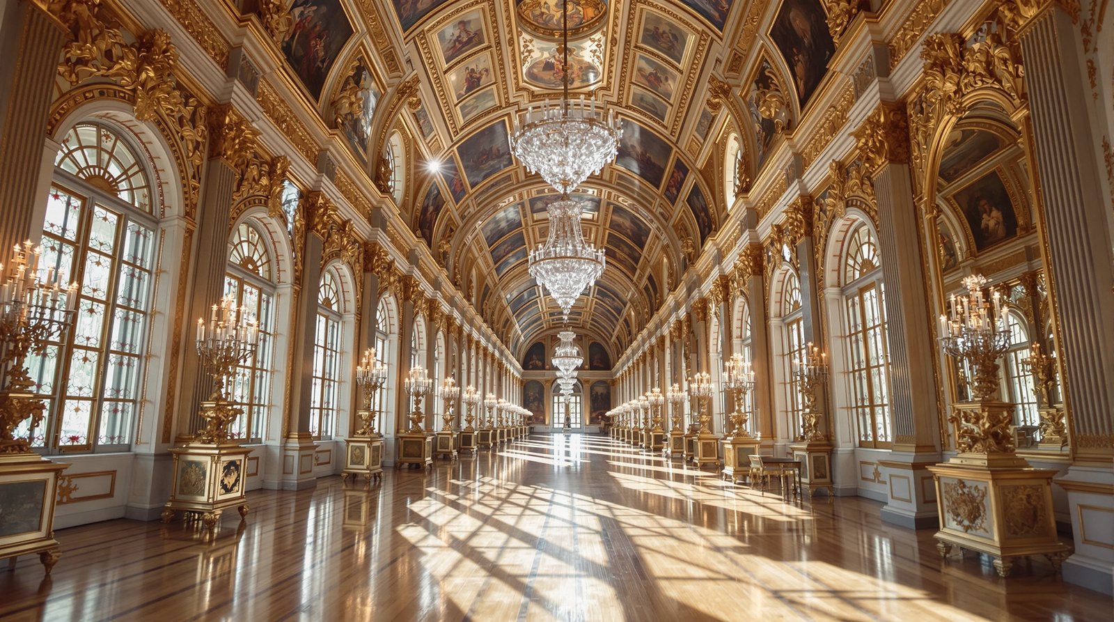 Cinematic wide-angle shot of the Hall of Mirrors in the Palace of Versailles, with sunlight streaming through the windows and reflecting off the ornate surfaces