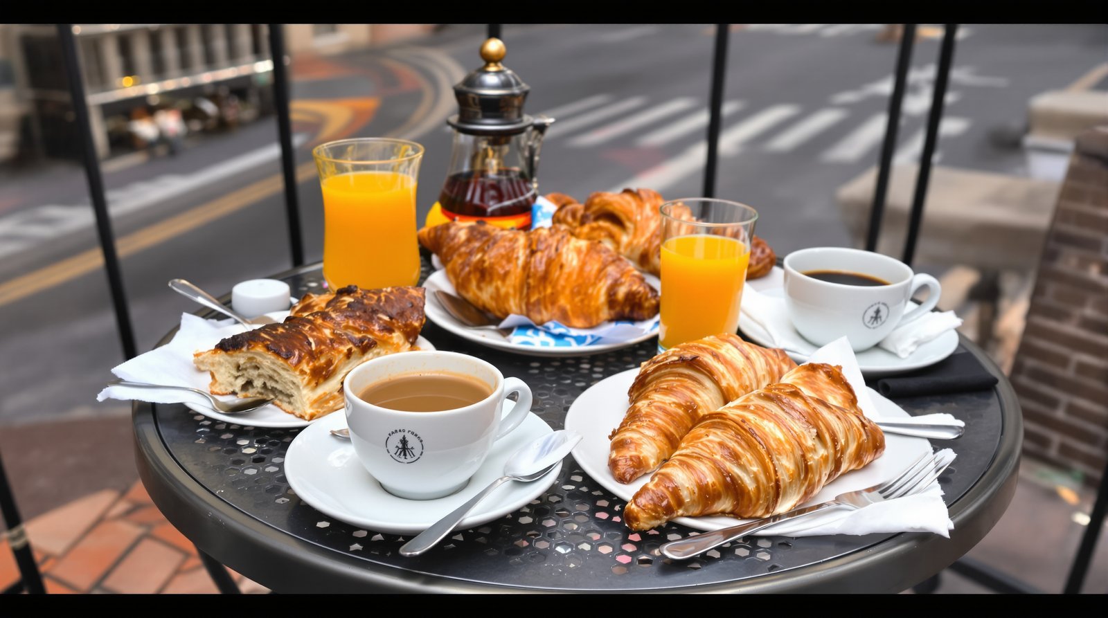 Ultra-realistic, sharp photo of a classic Parisian breakfast spread on a small bistro table, featuring fresh croissants, coffee, and orange juice