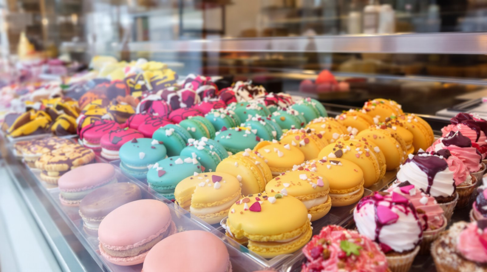 Ultra-realistic close-up of a vibrant display of colorful French macarons and intricate pastries in a Parisian patisserie window