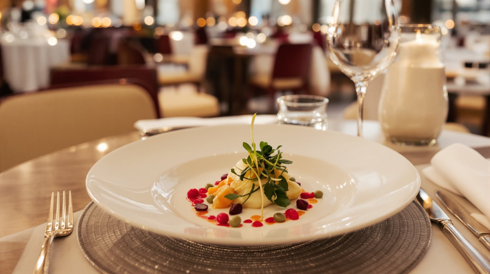 Elegant, professionally photographed table setting in a Michelin-starred Parisian restaurant, with an artfully plated dish and soft, ambient lighting