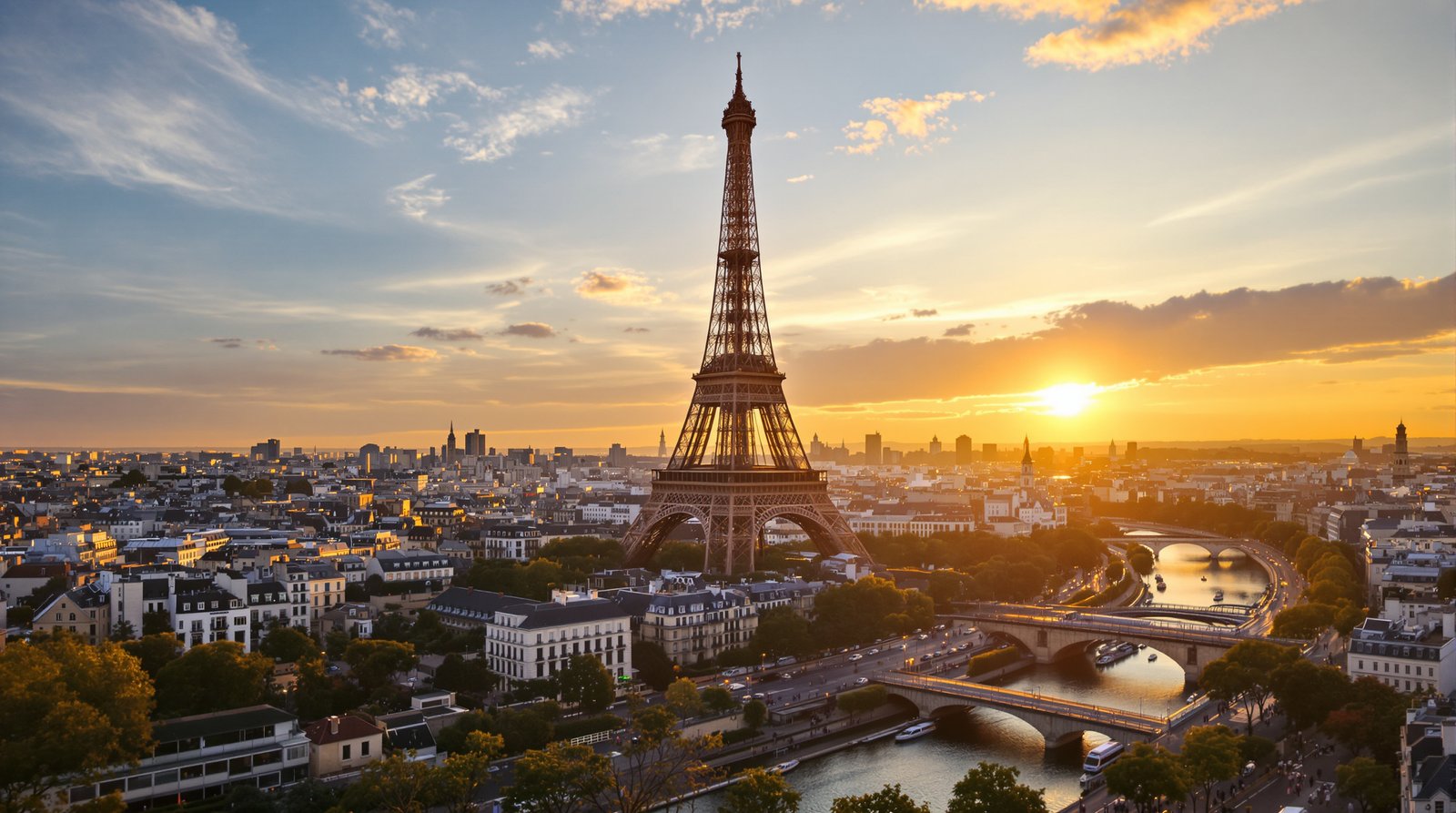 Cinematic wide-angle shot of the Eiffel Tower at sunrise, with golden light hitting the Parisian rooftops and the Seine river below