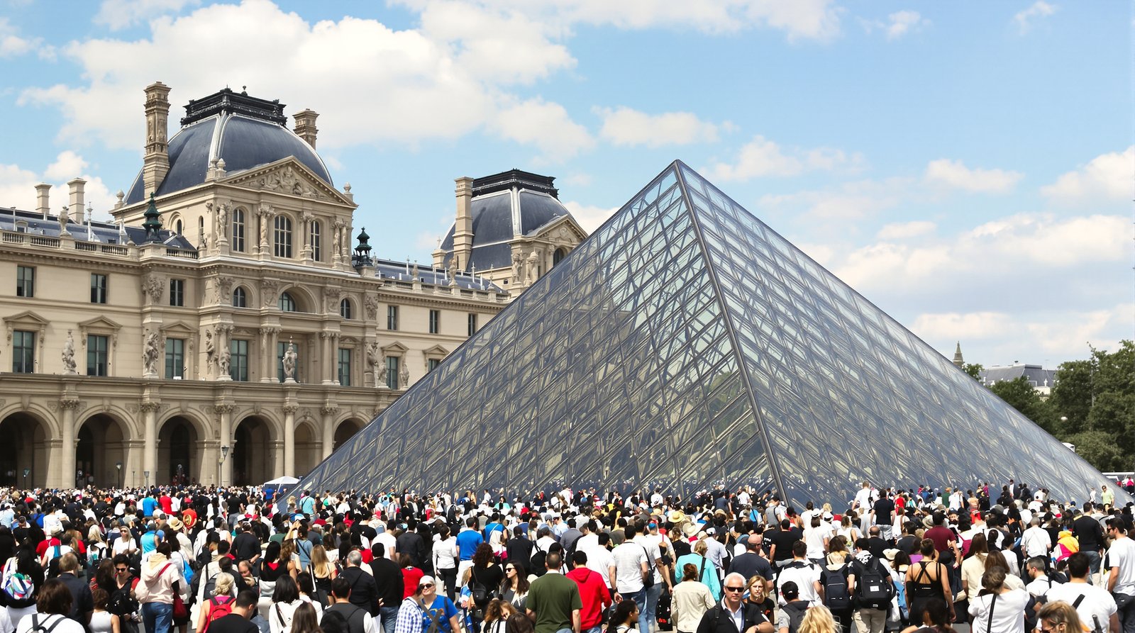 Vivid, high-detail shot of a bustling crowd outside the Louvre Museum, with the glass pyramid in the background under natural daylight