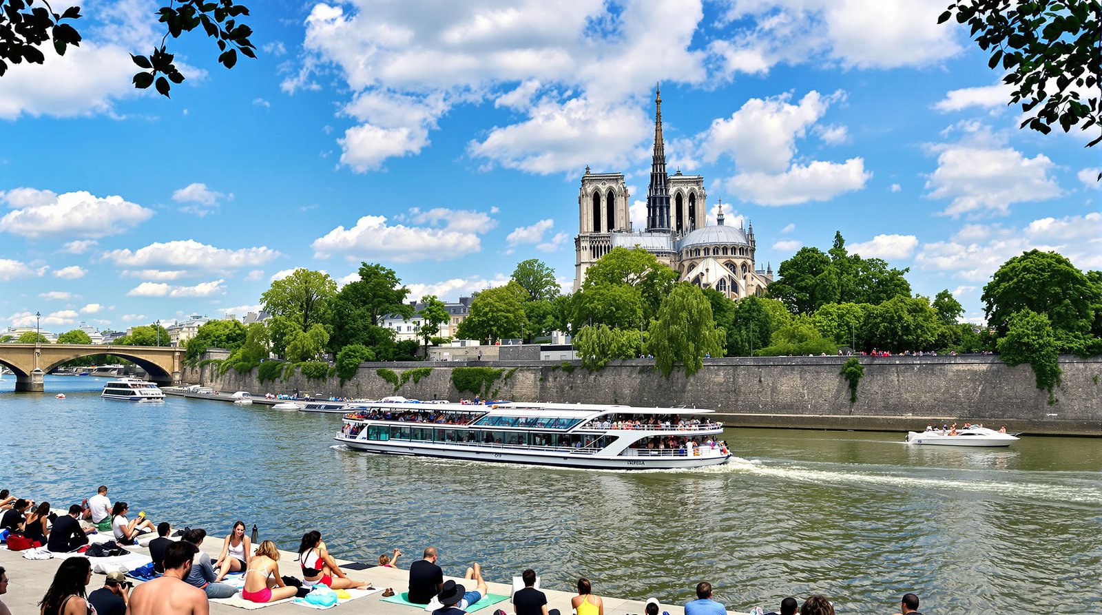 Professional travel photo of people relaxing on the banks of the Seine River, with a Bateaux Mouches passing by and Notre-Dame Cathedral in the distant background