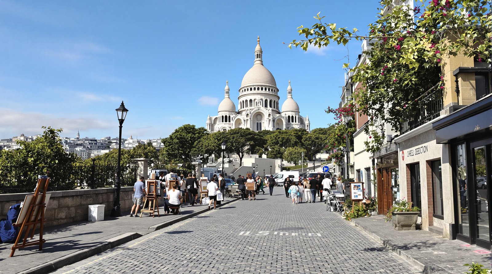 Immersive, ultra-realistic shot of the cobblestone streets of Montmartre, with artists at their easels and the Sacré-Cœur Basilica in the background under a clear blue sky