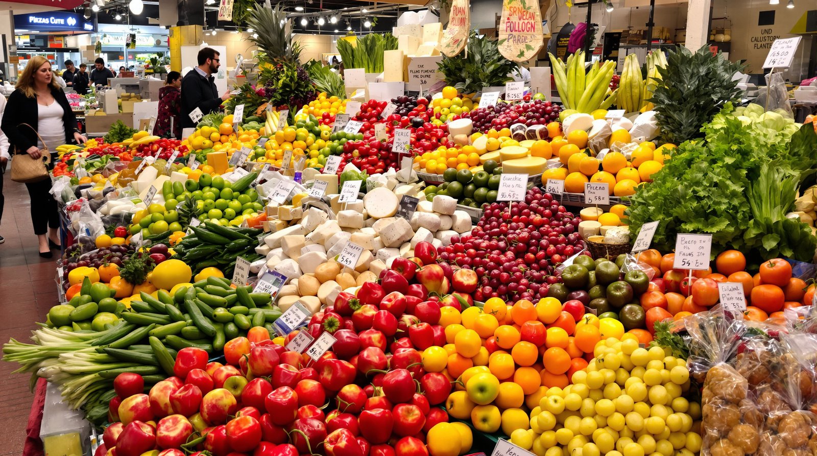 Vibrant, high-detail photo of a stall at Marché d'Aligre, overflowing with colorful fresh fruits, vegetables, and cheeses, with shoppers in the background