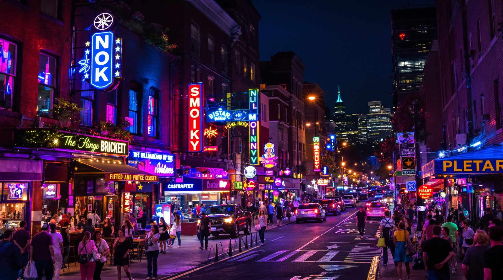 Vivid, ultra-realistic photo of a bustling street in Williamsburg, Brooklyn at night, with neon signs, lively crowds outside bars, and the Manhattan skyline in the distant background