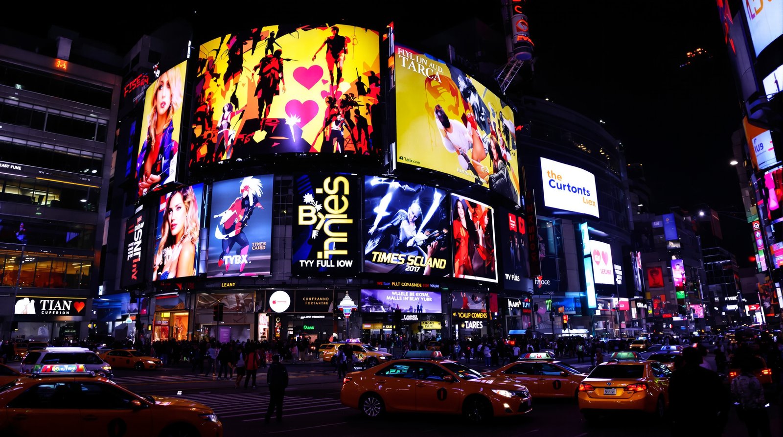 An ultra-realistic, cinematic wide-angle shot of Times Square at night, with massive, vivid billboards, streams of yellow cabs, and bustling crowds, all in sharp, high detail
