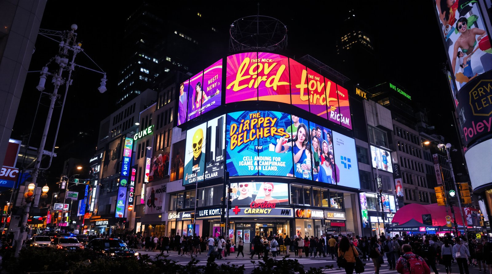 A wide-angle, cinematic shot of Times Square at night, with vibrant neon billboards illuminating the bustling crowds