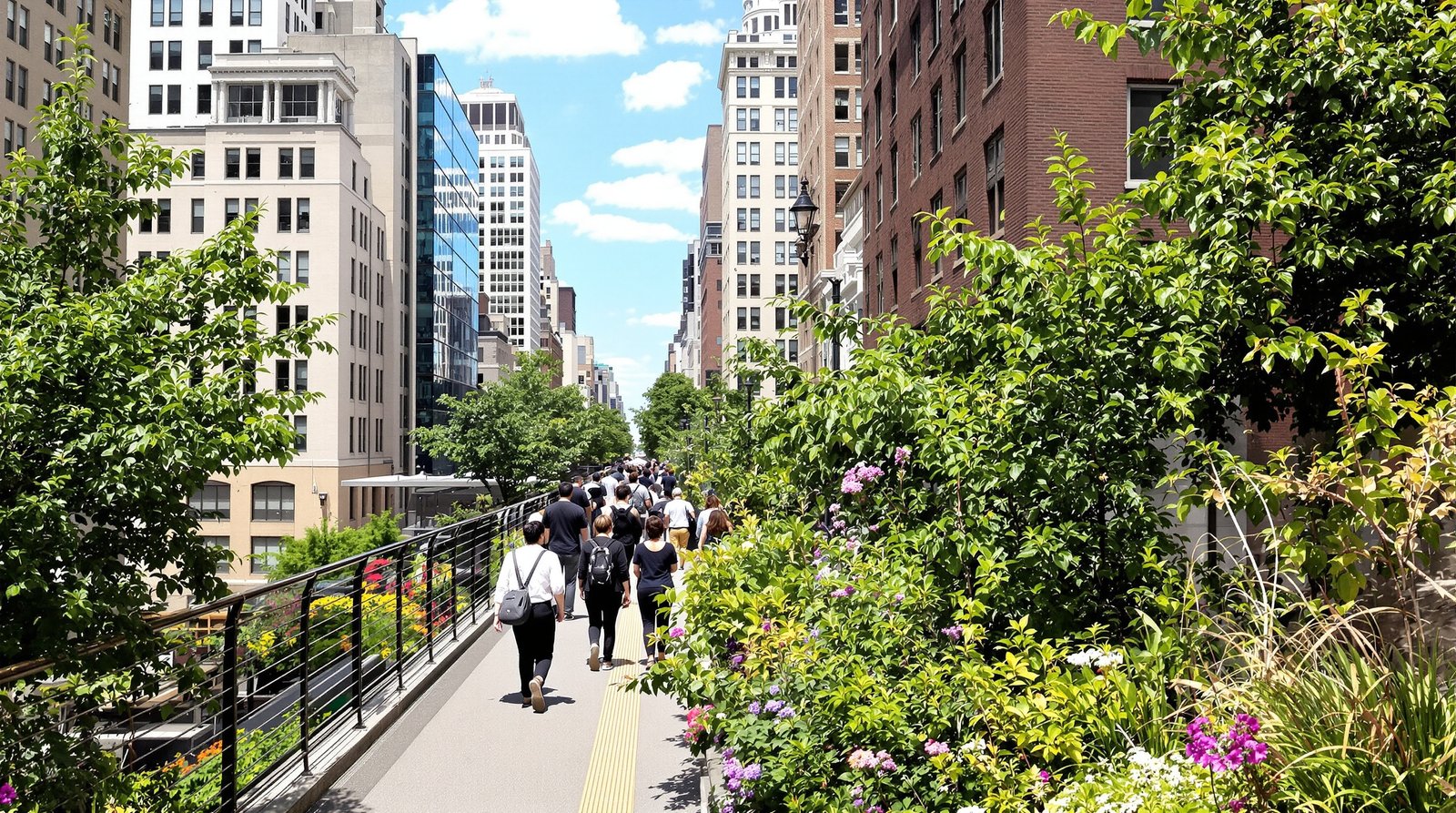 People strolling along the High Line park in New York, with lush greenery contrasting against the urban architecture on a sunny day