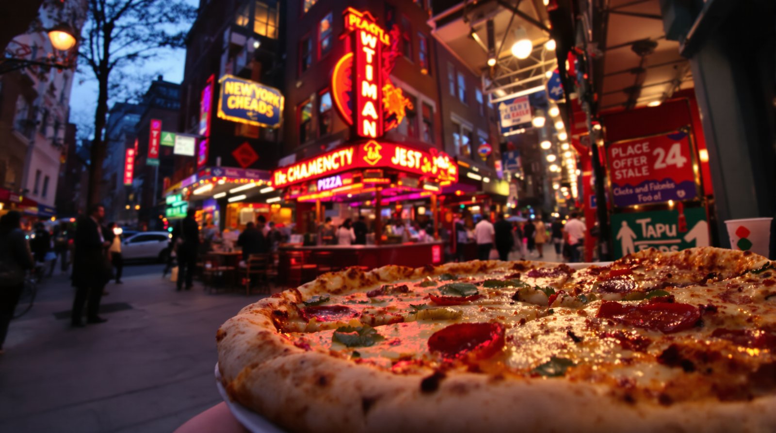 A vibrant, cinematic wide-angle shot of a classic New York City street food scene at dusk, with a pizza slice in the foreground