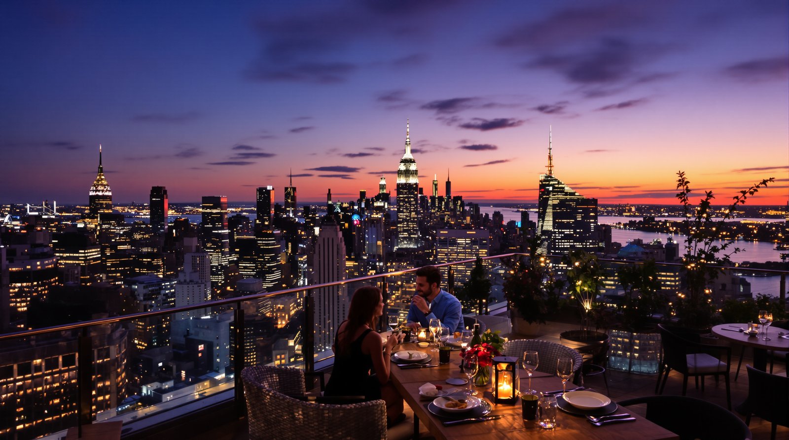 A couple dining at a chic rooftop restaurant in Manhattan at twilight, with the glittering city skyline in the background, captured in a cinematic wide angle with natural lighting and vivid colors