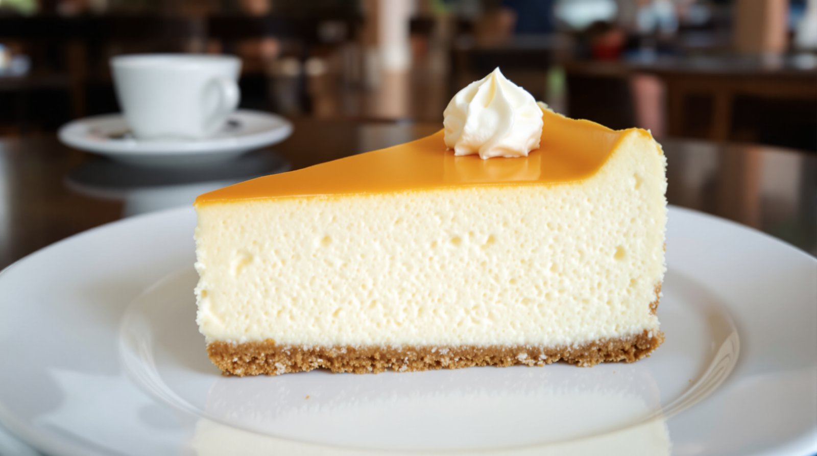 A perfect slice of New York cheesecake on a plate, with a creamy texture and graham cracker crust, shot in a sharp, high-detail style with natural light against a blurred cafe background