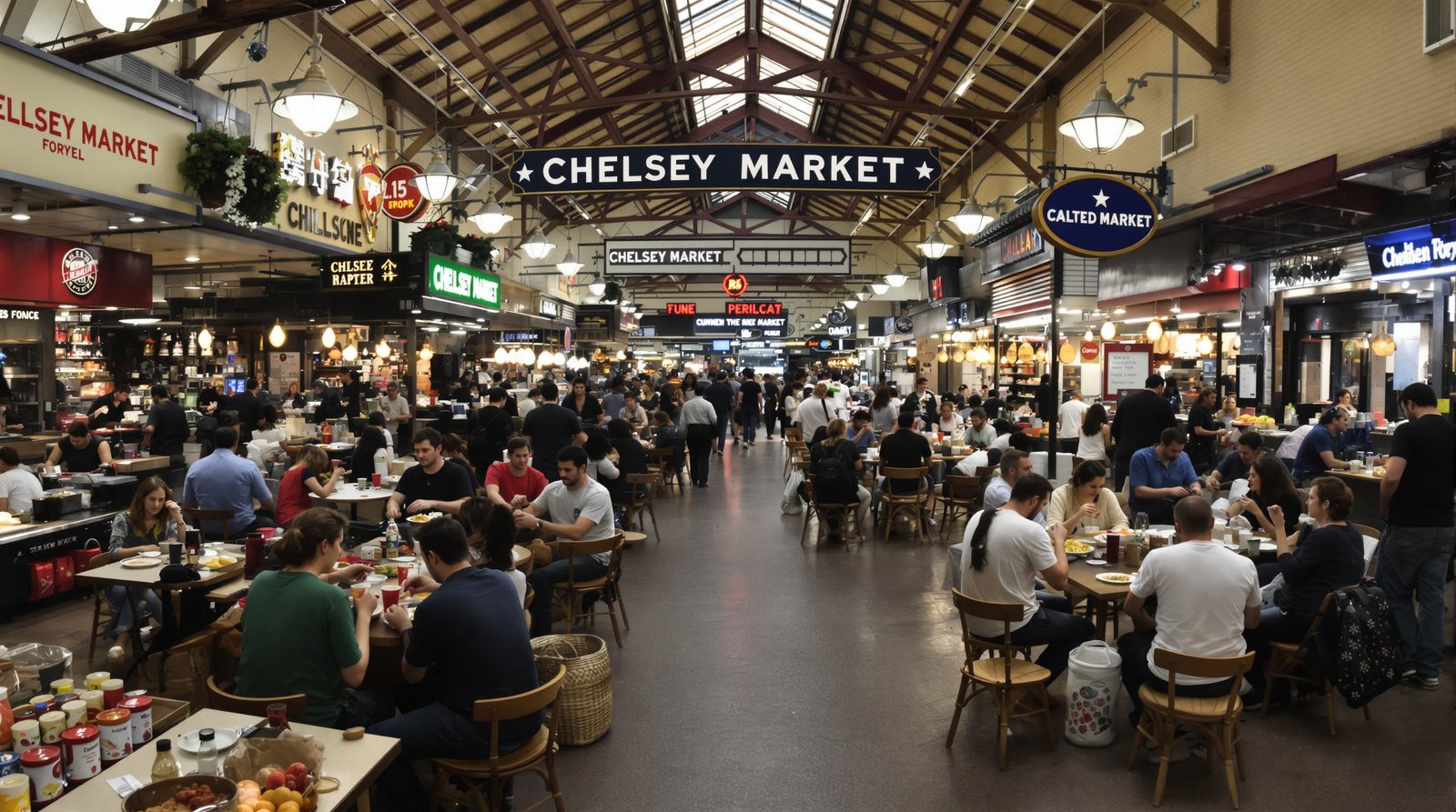A bustling indoor food market like Chelsea Market, with various food stalls and people enjoying meals, captured in a natural, immersive, wide-angle shot