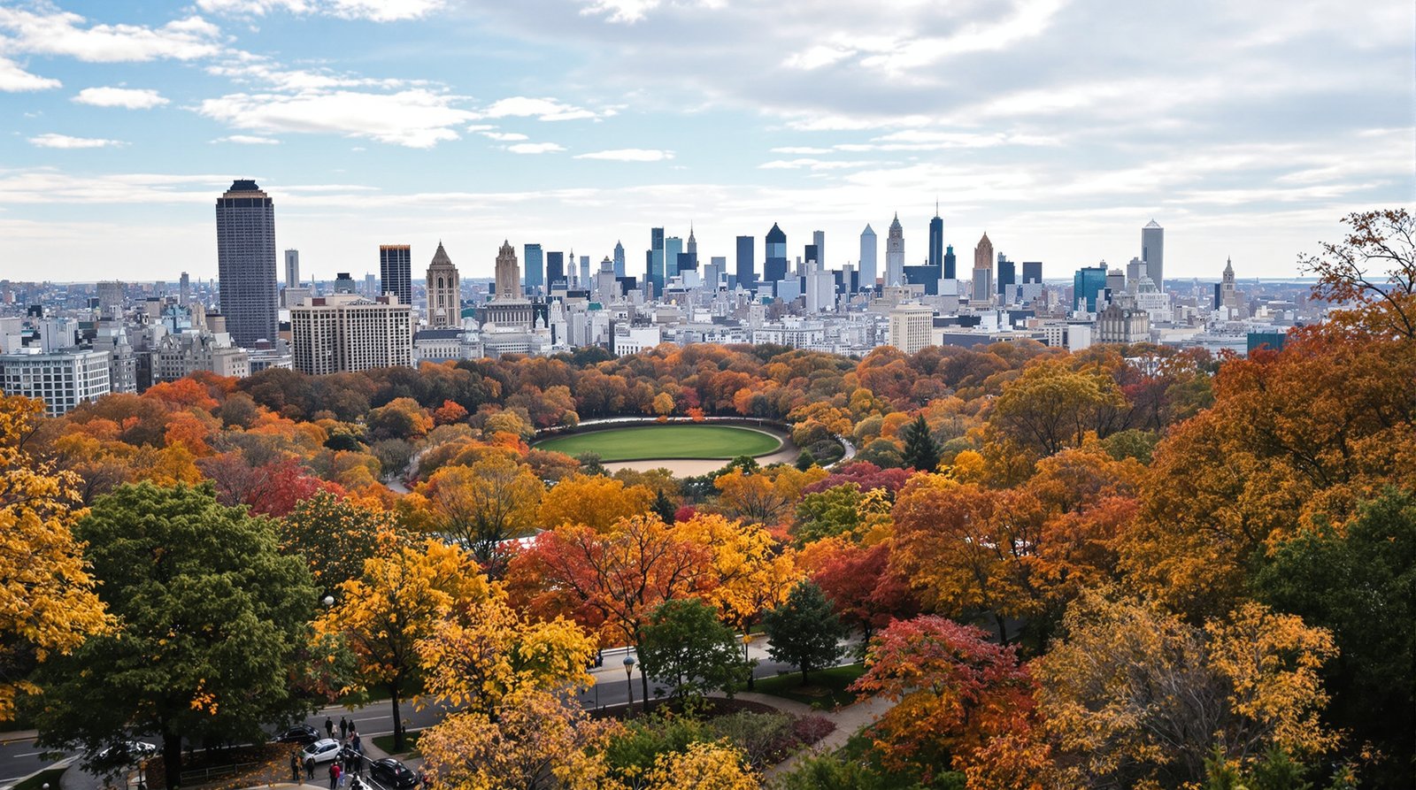 A cinematic wide-angle view of Central Park in the fall, with vibrant orange and yellow leaves on the trees, Bethesda Terrace in the foreground, and the Midtown skyline rising in the background