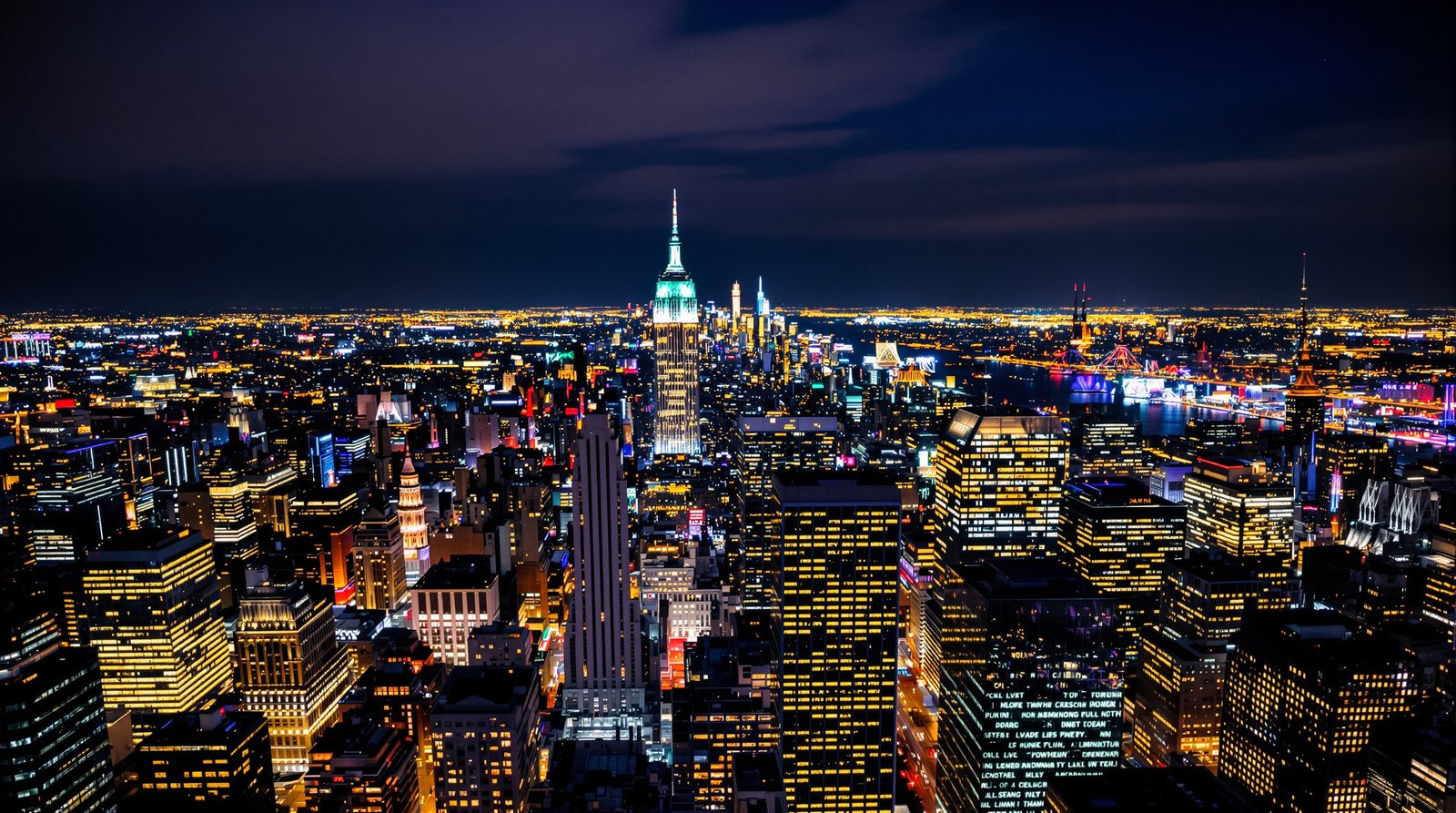 A breathtaking, ultra-realistic night shot of the New York skyline from a high vantage point, with millions of city lights creating a vibrant and colorful tapestry below