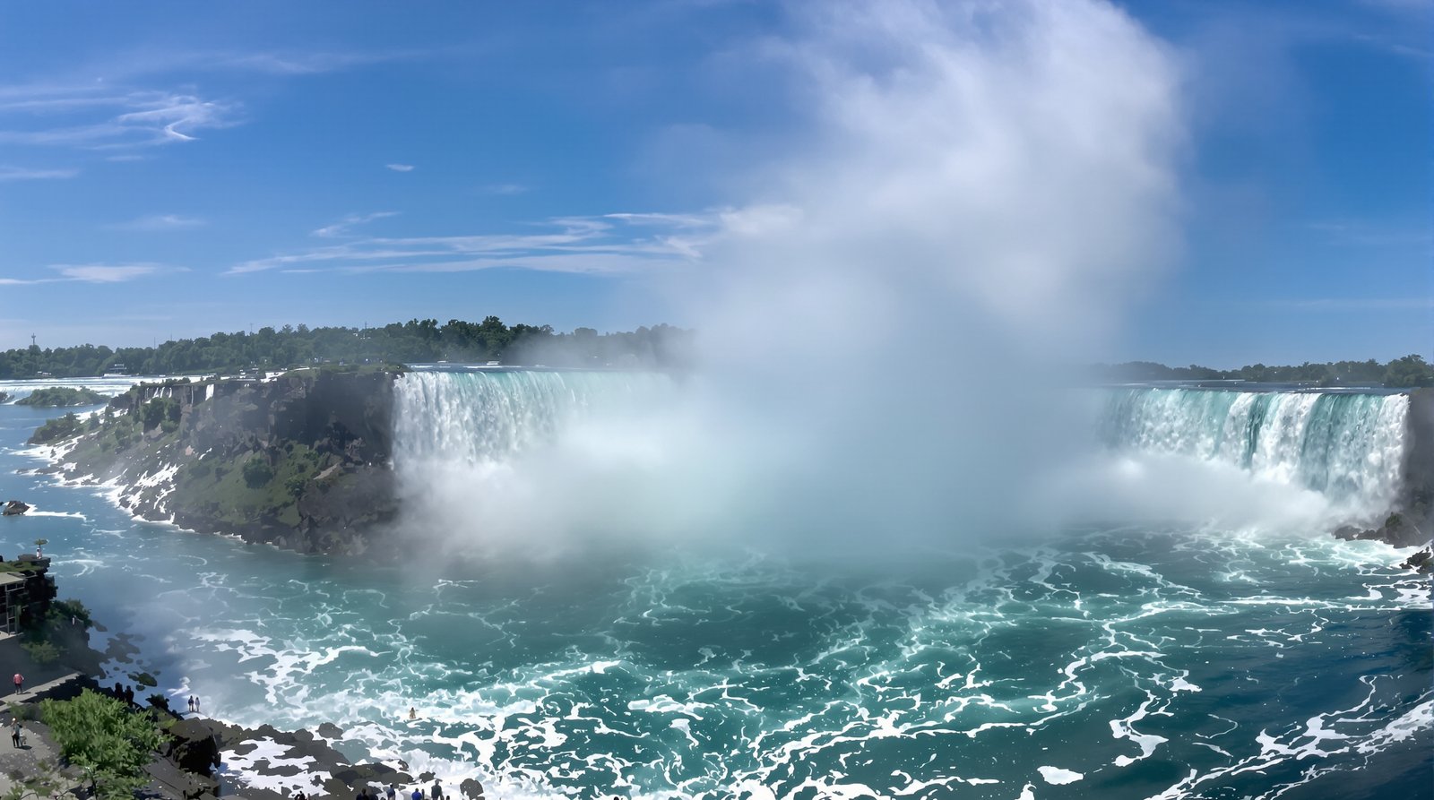 An ultra-realistic, wide-angle photograph of Niagara Falls, with a powerful cascade of water crashing into the river below, creating a huge plume of mist under a clear blue sky