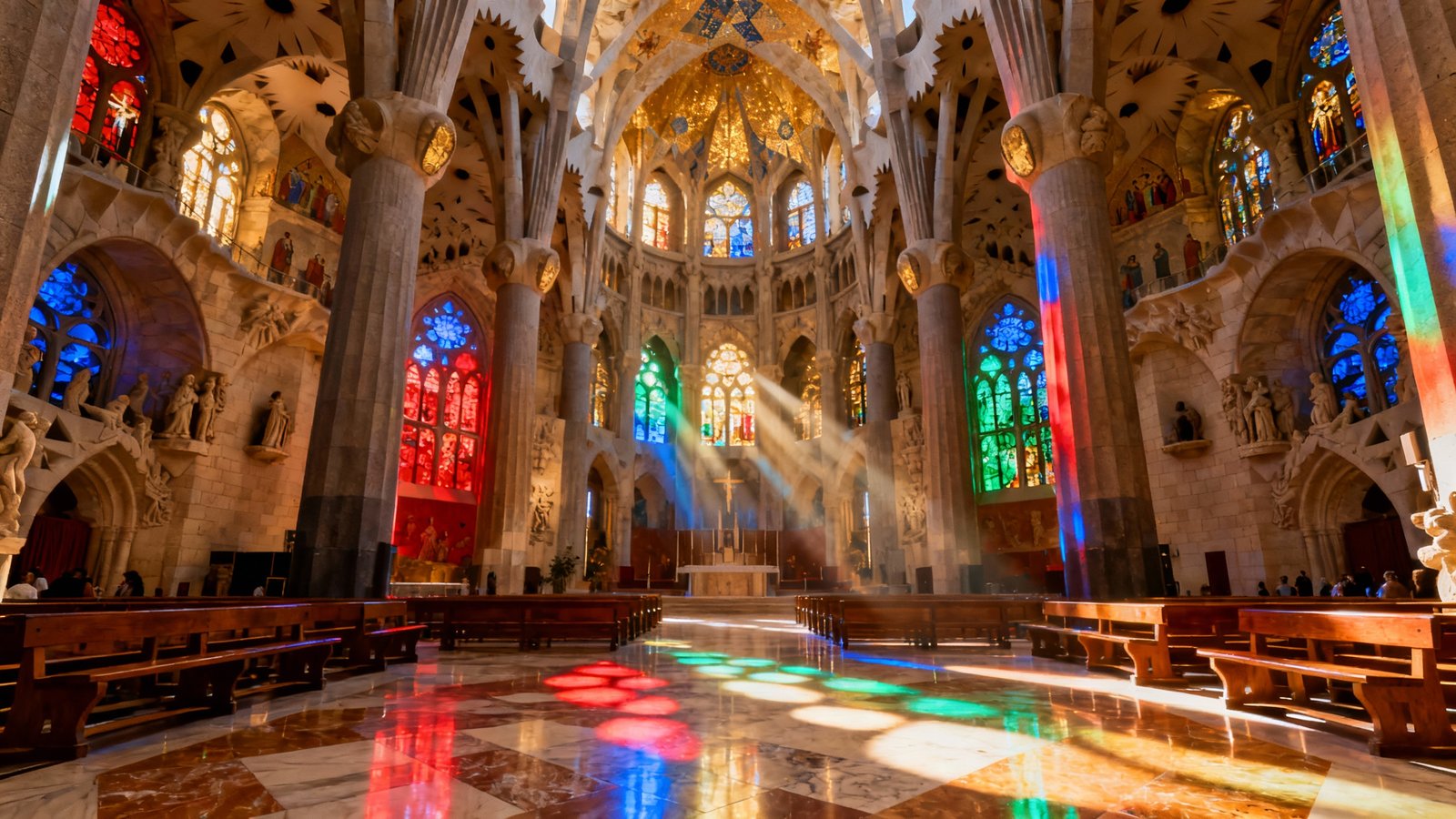 Sunlight streaming through the stained glass windows of the Sagrada Família, creating a rainbow of colors inside the basilica