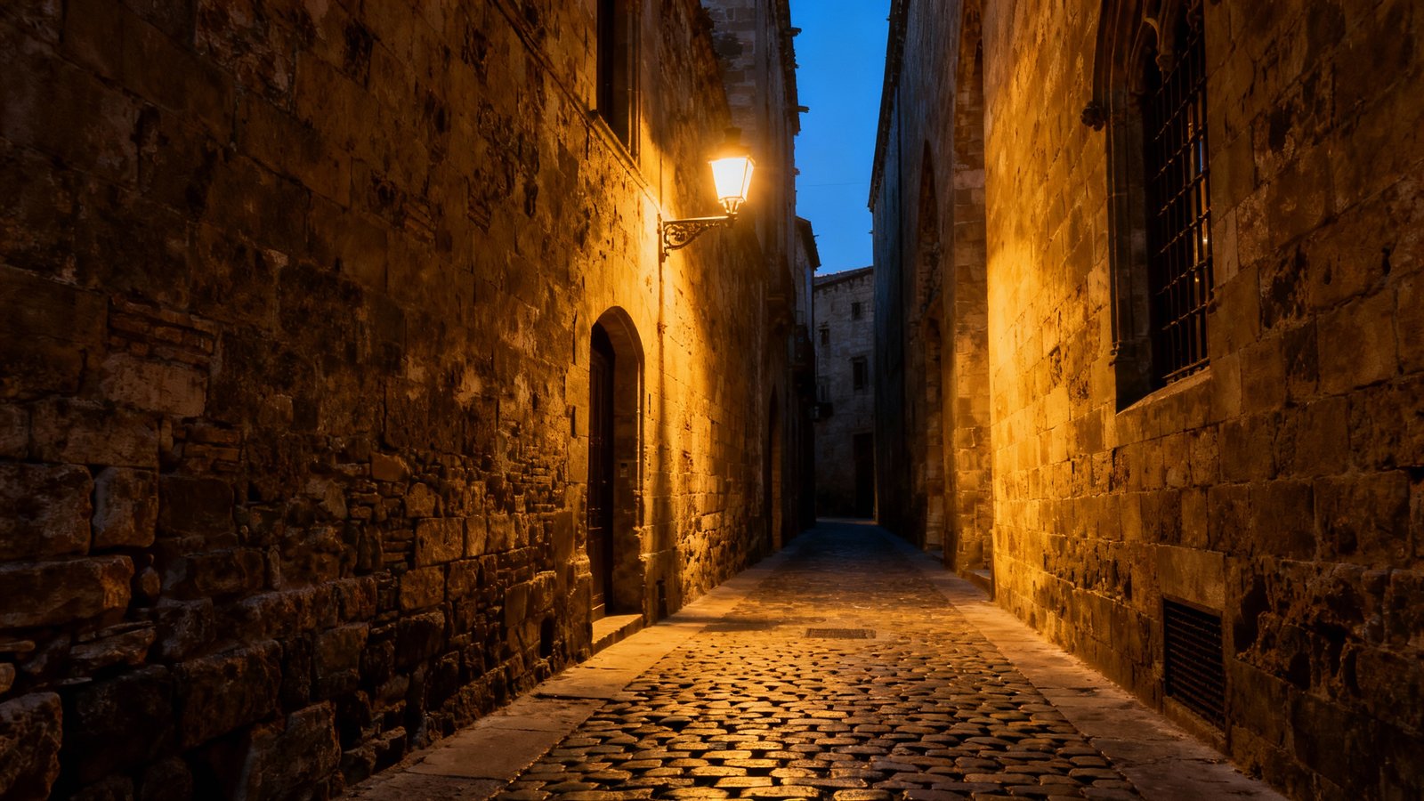 A narrow, atmospheric cobblestone street in Barcelona's Gothic Quarter at dusk, with warm light from a streetlamp illuminating ancient stone walls