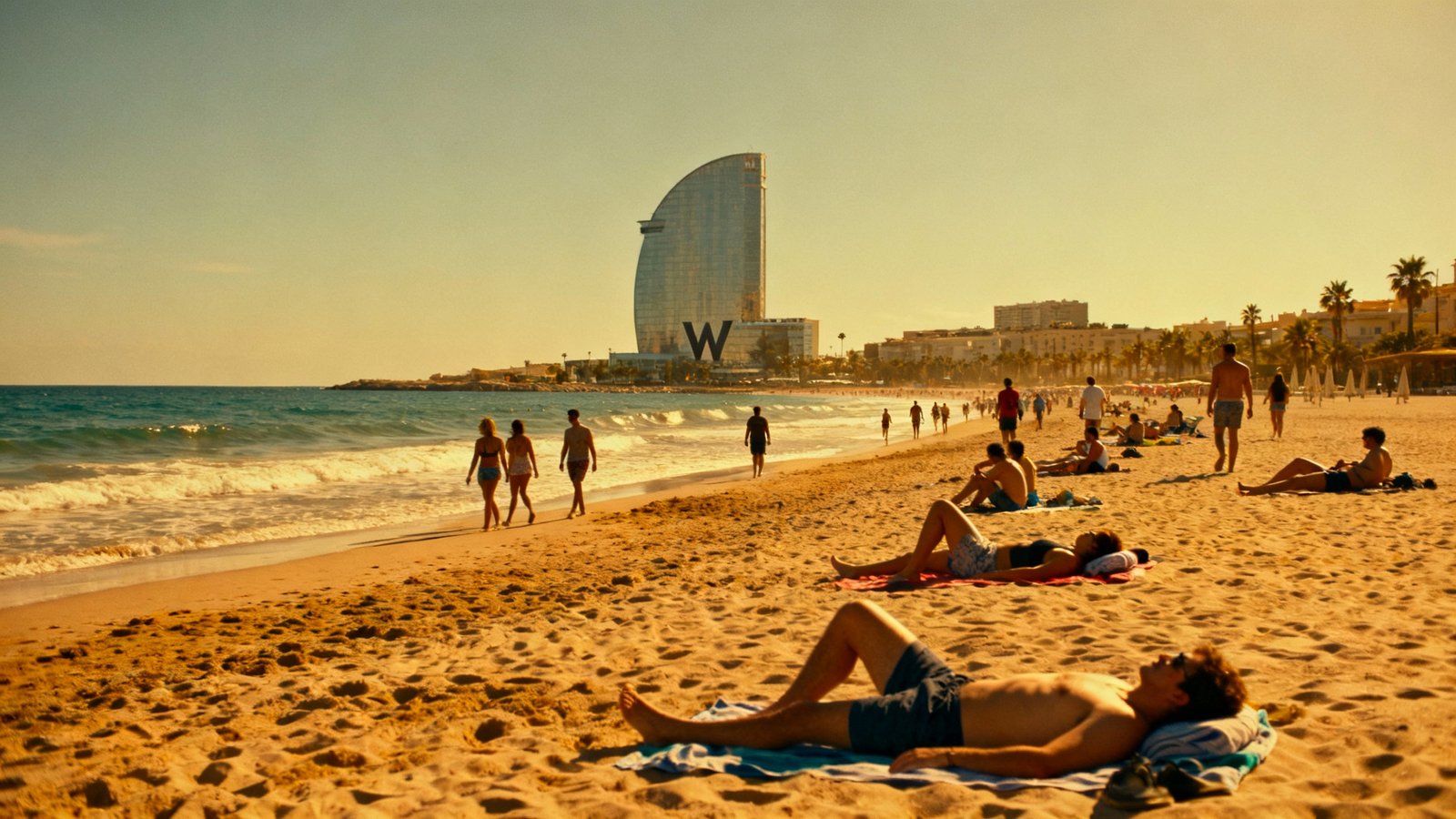 A vibrant, sun-drenched scene at Barceloneta Beach, with people relaxing on the golden sand and the W Hotel visible in the distance