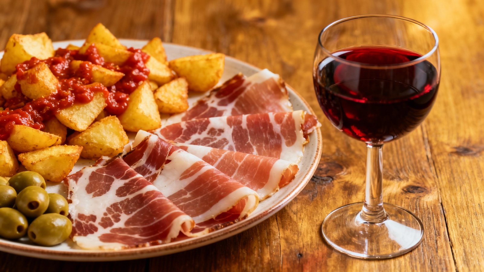 A delicious-looking spread of assorted Spanish tapas on a rustic wooden table, including patatas bravas, jamón ibérico, and olives, with a glass of red wine