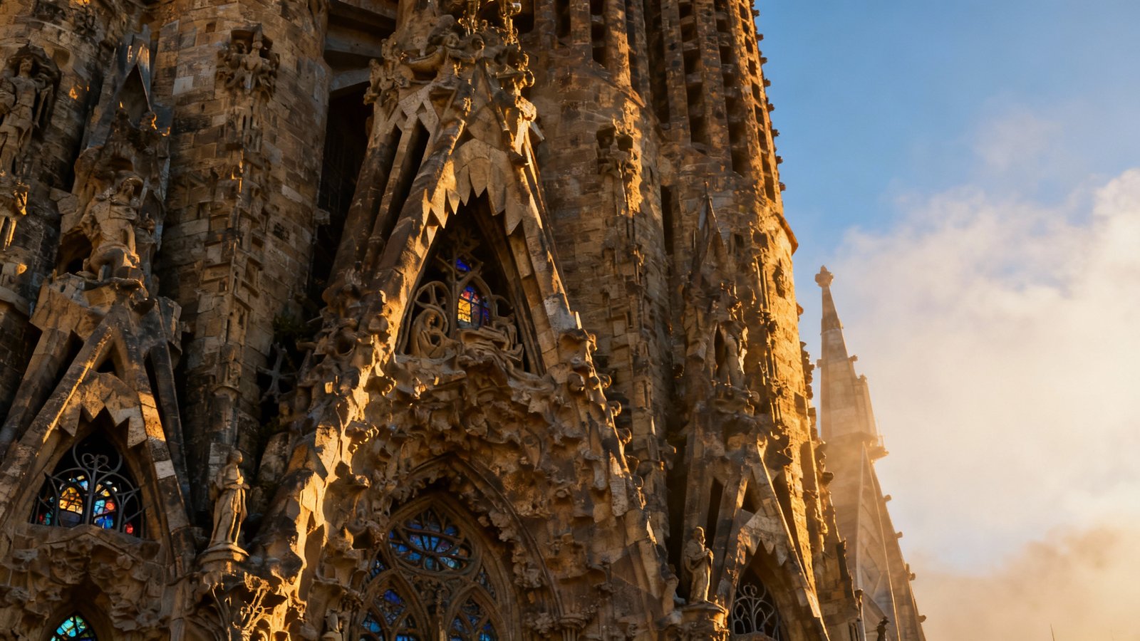 Ultra-realistic, detailed shot of the intricate facade of Sagrada Família in Barcelona under natural morning light