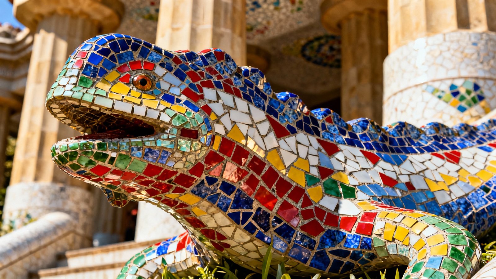 Vibrant, ultra-realistic photo of the mosaic salamander 'El Drac' at the entrance of Park Güell, Barcelona