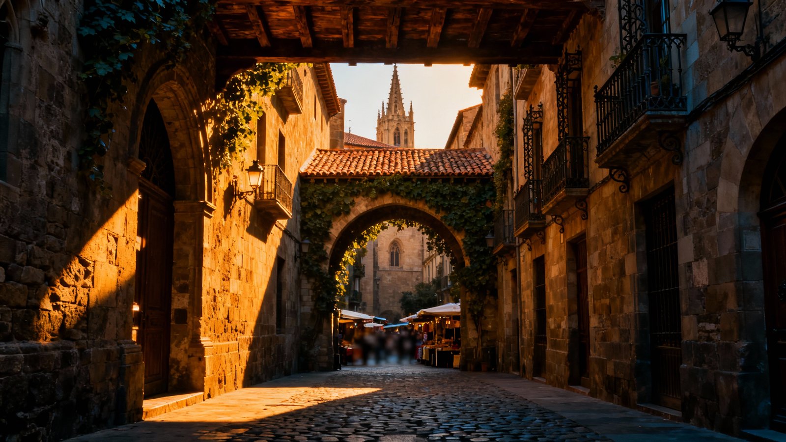 Cinematic wide-angle shot of a narrow, atmospheric medieval street in Barcelona's Gothic Quarter with warm light filtering through
