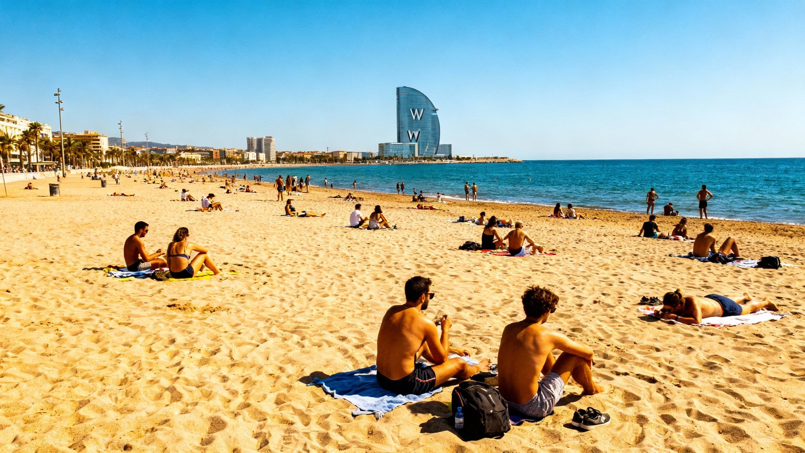 Natural, wide-angle shot of Barceloneta Beach on a sunny day, with people relaxing and the W Hotel in the background