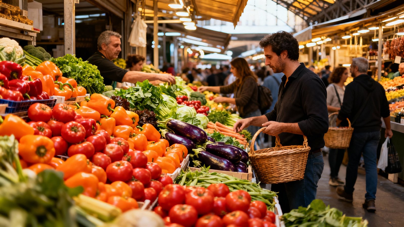 Ultra-realistic photo of market stalls in La Boqueria, vibrant fresh produce, people shopping, cinematic wide angle
