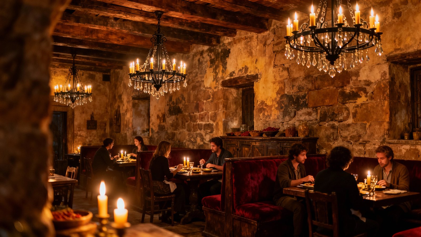 Ultra-realistic photo of a cozy restaurant in the Gothic Quarter, stone walls, rustic decor, candlelit tables, cinematic wide angle
