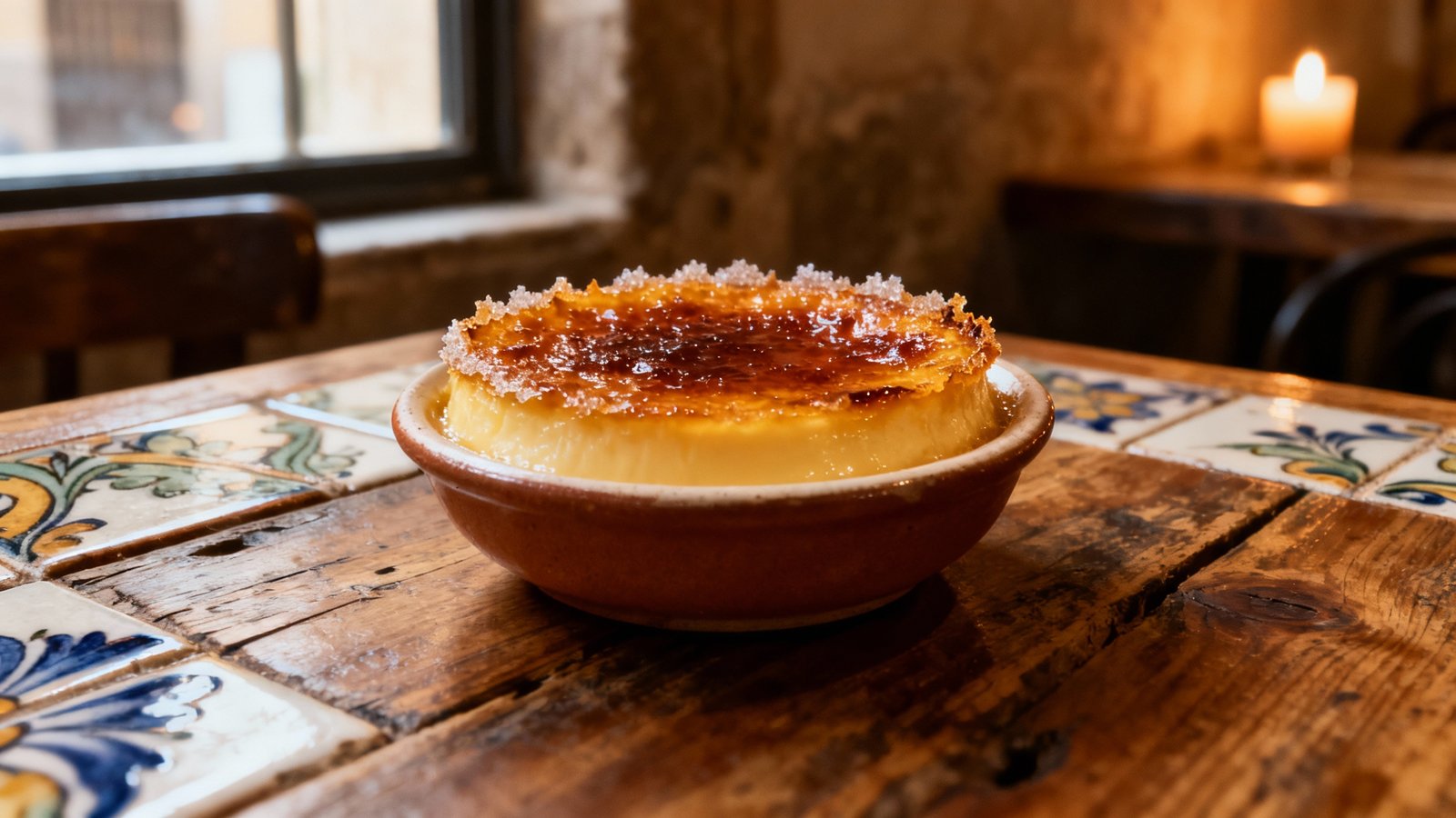 Ultra-realistic photo of crema catalana dessert in a rustic Barcelona cafe, caramelized top, candlelight, natural setting