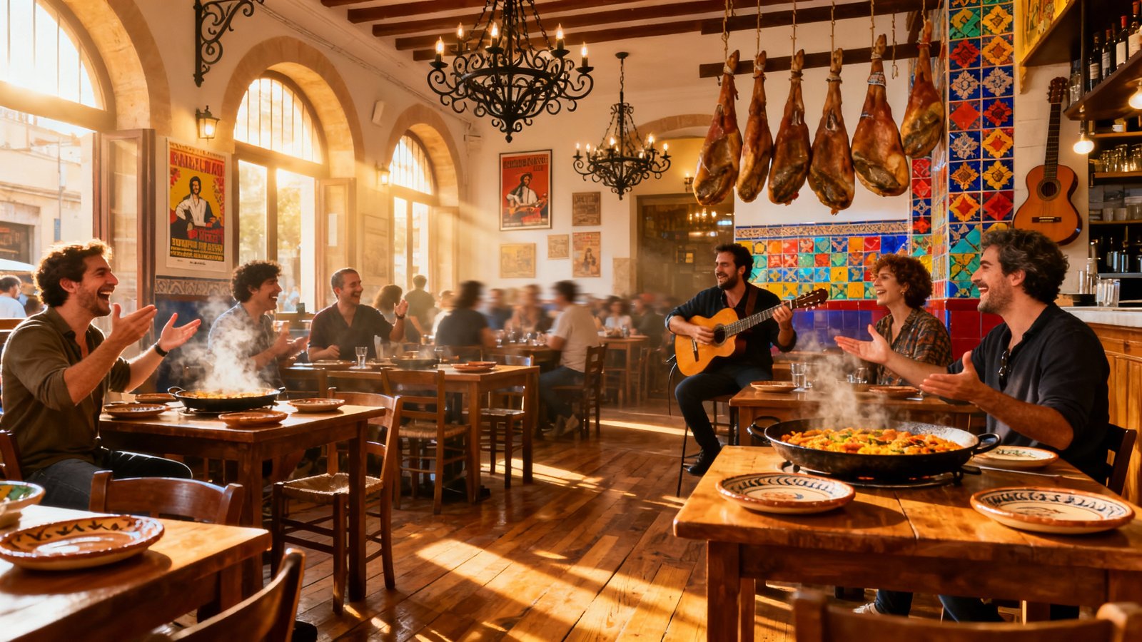 Ultra-realistic photo of a lively local tapas bar in Barcelona, wooden tables, locals laughing, traditional decor, cinematic wide angle
