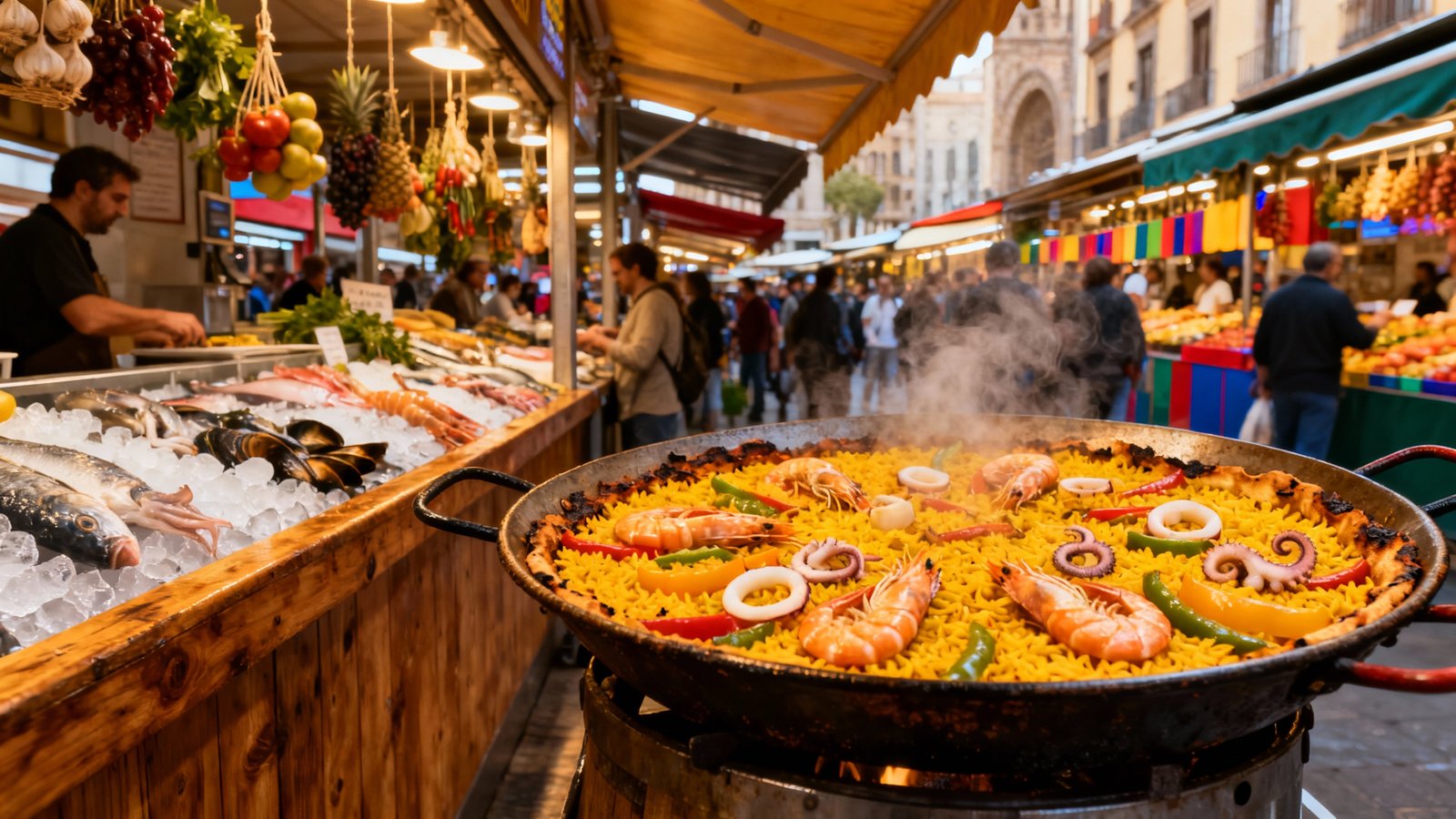 Ultra-realistic photo of a classic paella seafood dish being served at a lively Barcelona market food stall, warm lighting, wide angle