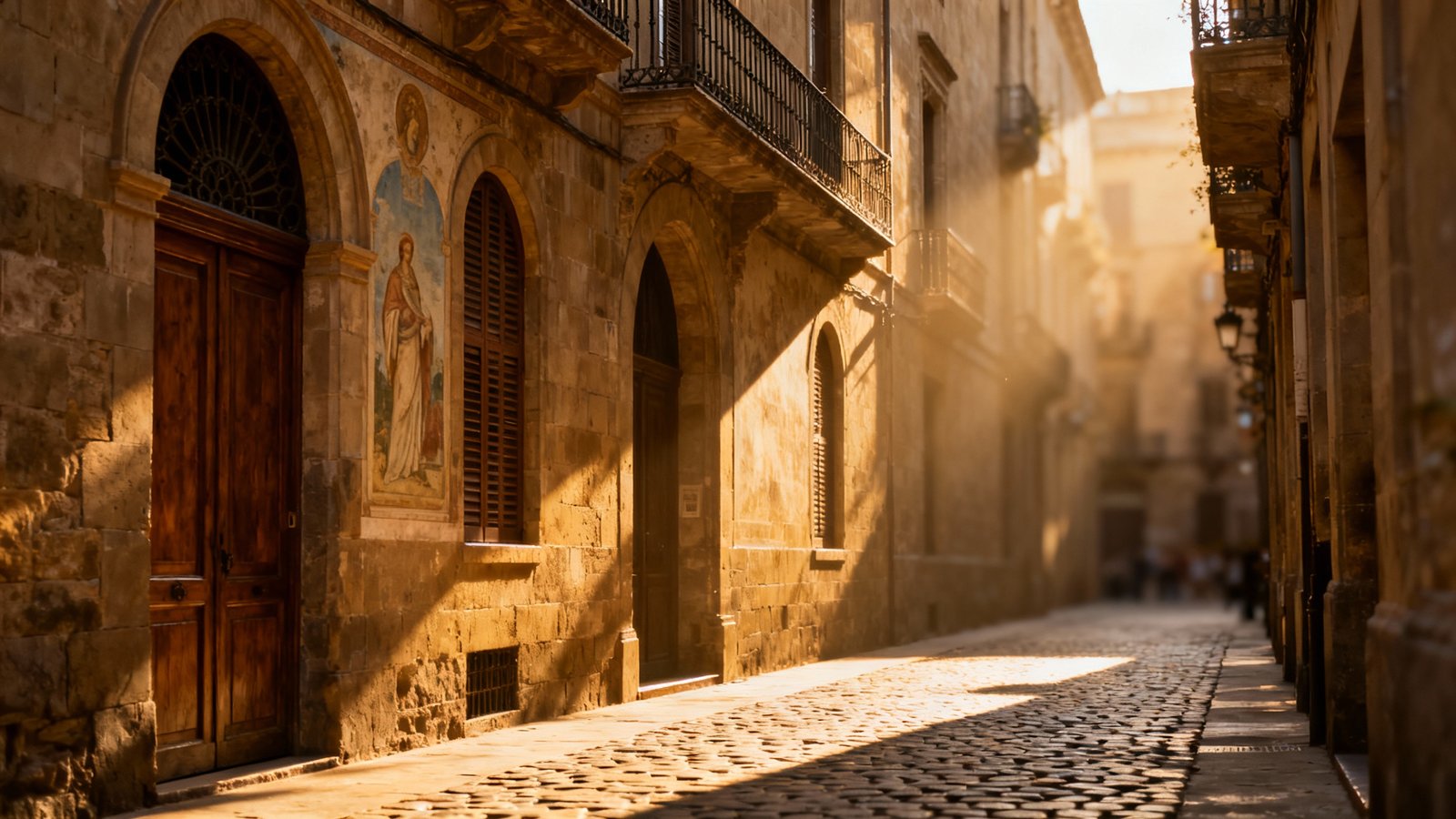A narrow, historic street in Barcelona's Gothic Quarter bathed in warm morning light