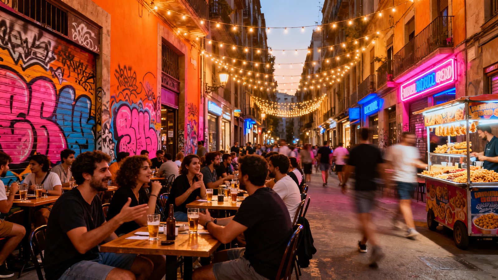 Vibrant nightlife scene on a bustling street in Barcelona's El Raval district with people enjoying drinks at outdoor tables