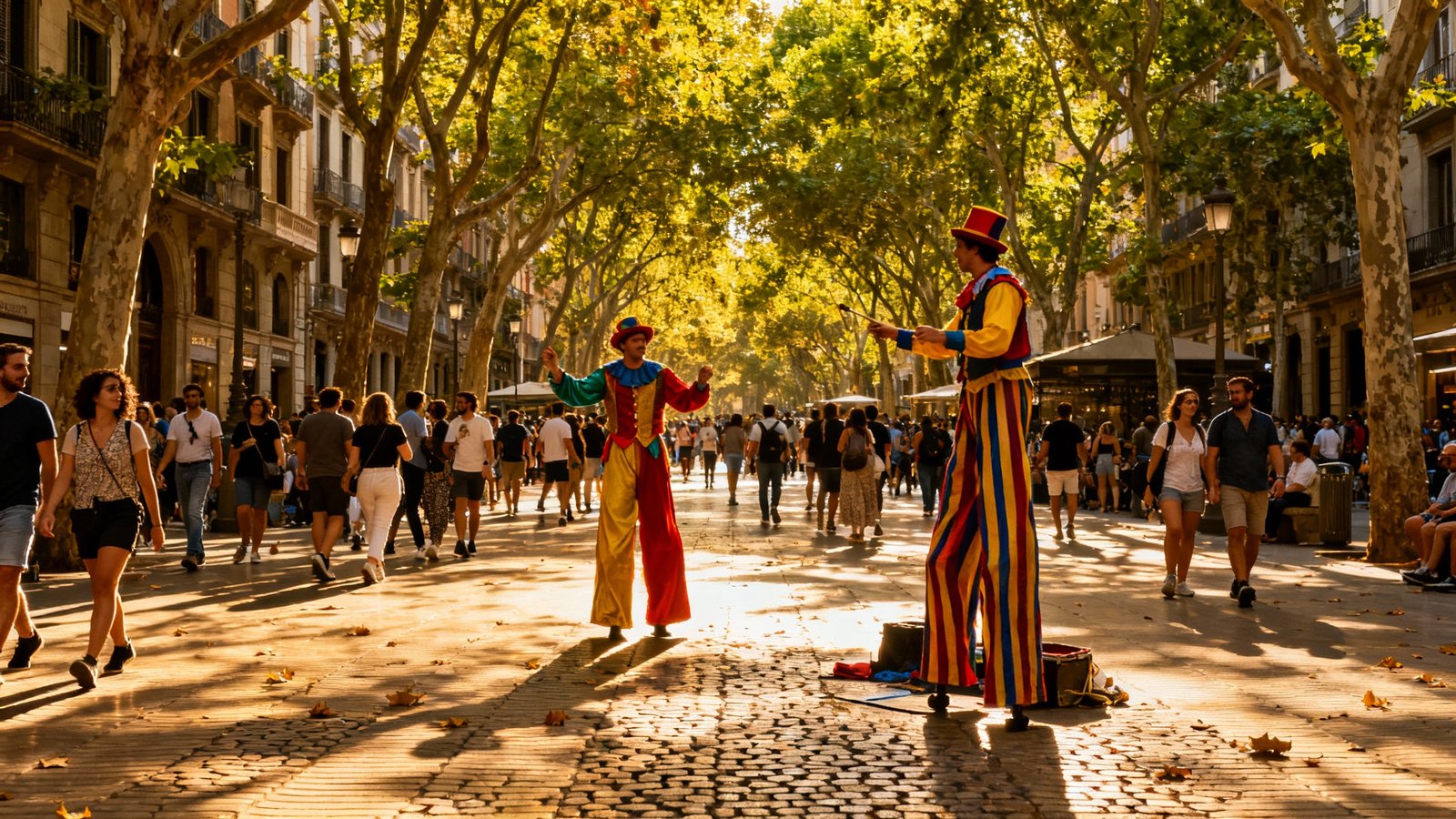 The bustling La Rambla street in Barcelona, with street performers and crowds of people under a canopy of trees