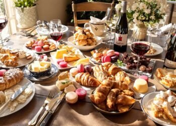 Delicious Parisian food spread with pastries, cheese, and wine.