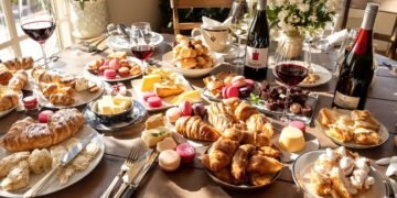 Delicious Parisian food spread with pastries, cheese, and wine.