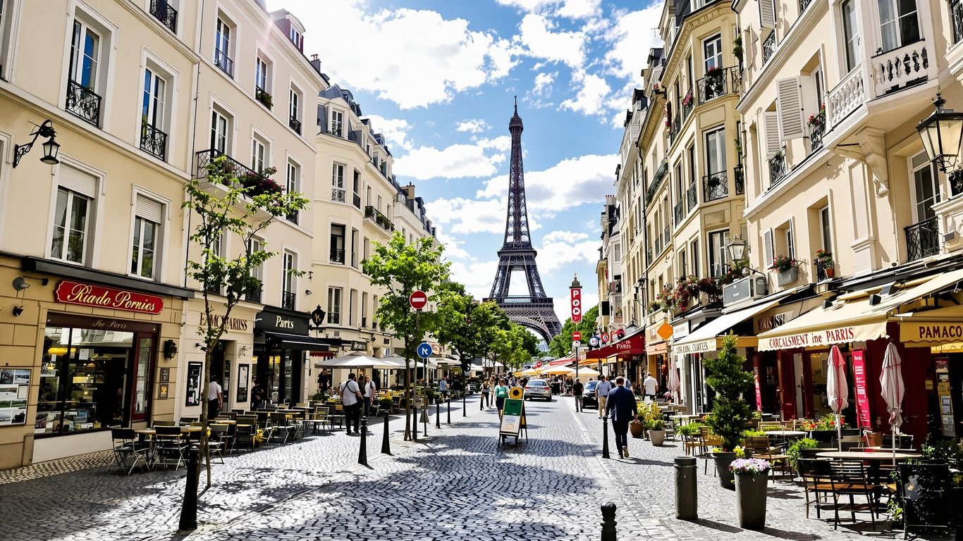 Eiffel Tower view from a charming Parisian street.