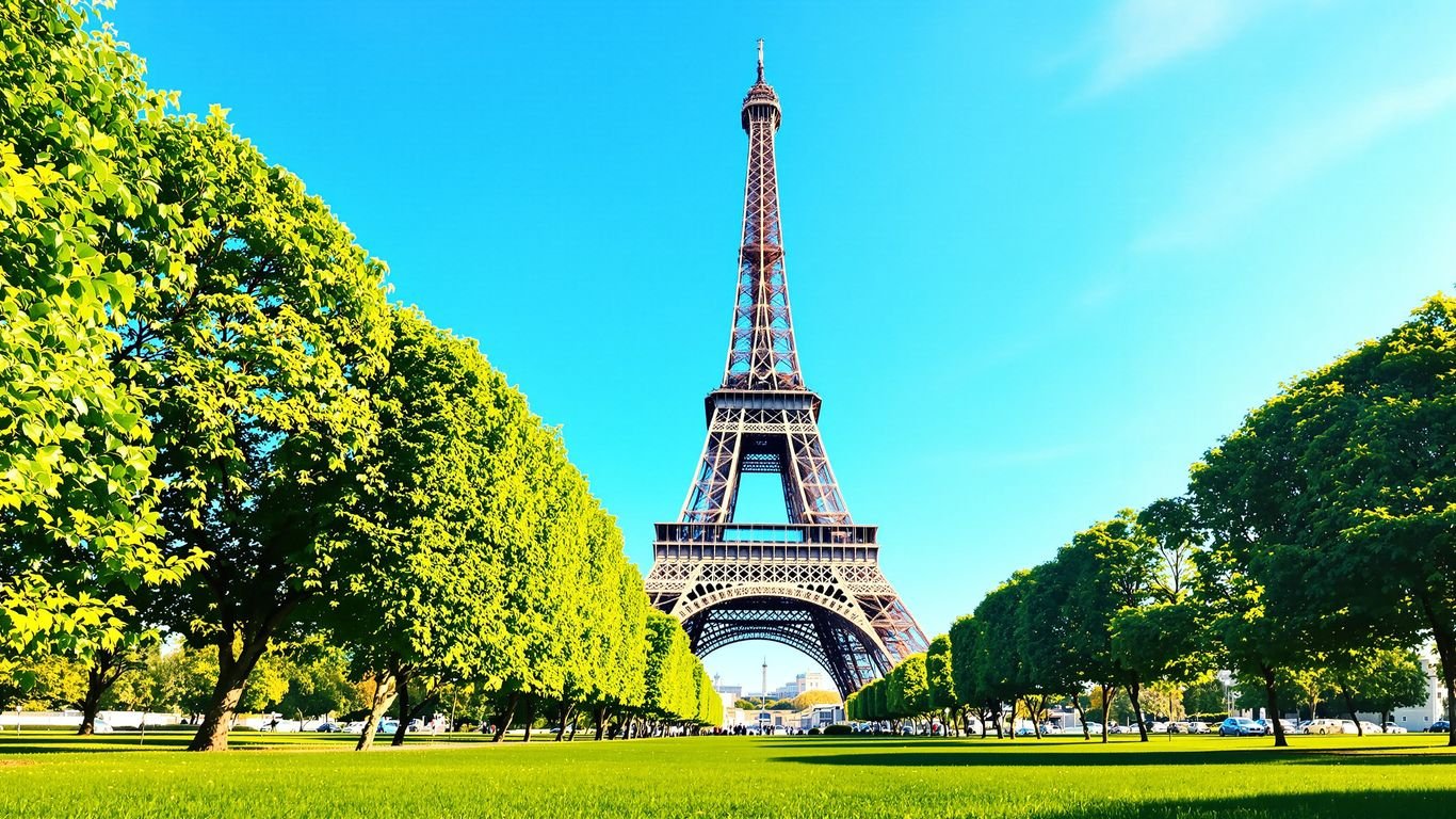Eiffel Tower with green grass and blue sky.