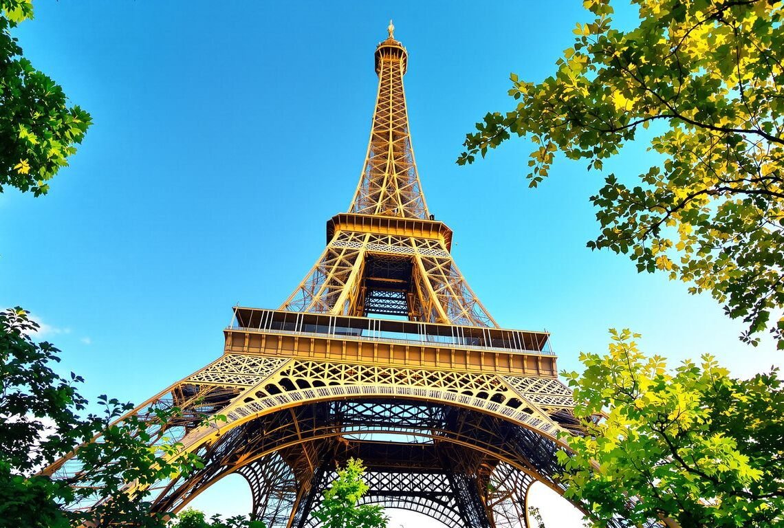 Eiffel Tower with lush trees and blue sky.
