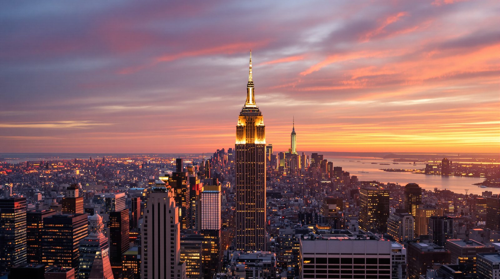 A stunning, ultra-realistic cinematic wide-angle shot of the New York City skyline at sunset, with the Empire State Building and other skyscrapers glowing in the warm light